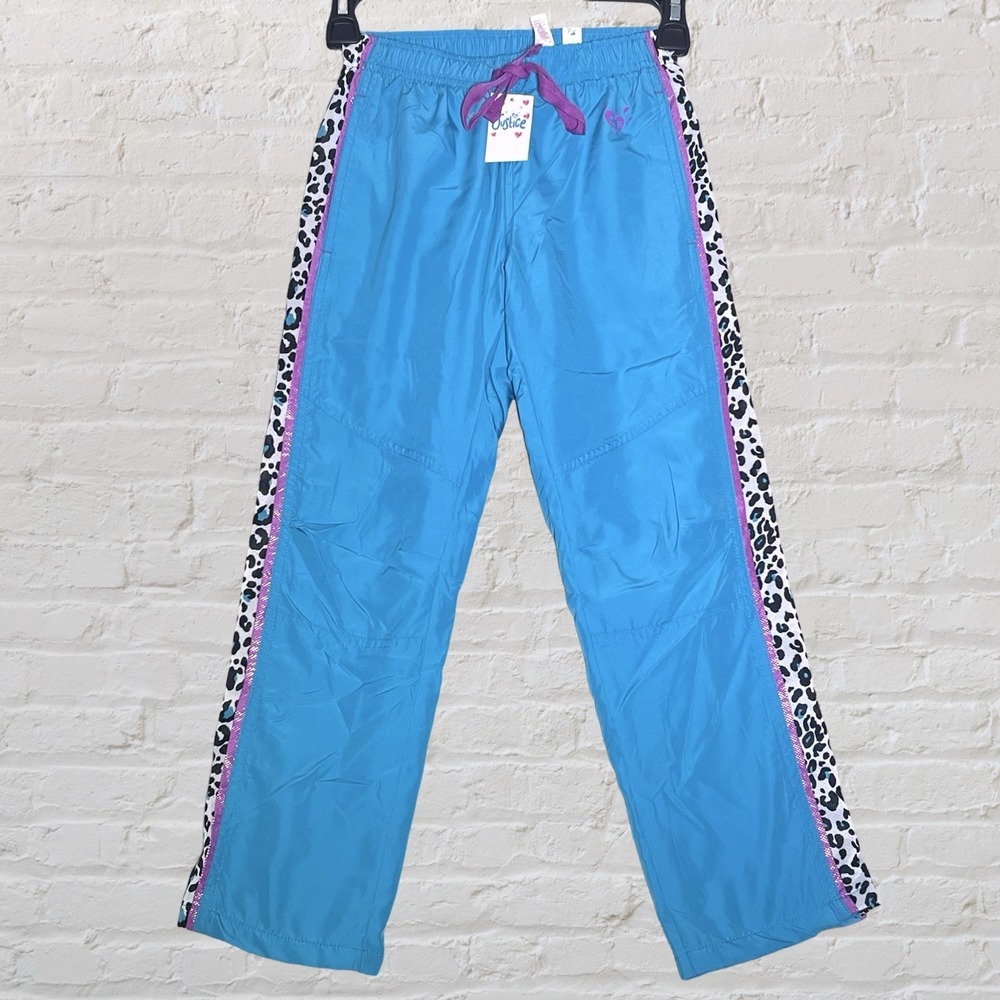 Justice Girls Blue Athletic Track Pants Purple Trim Leopard Print‎ Size 7 NWT